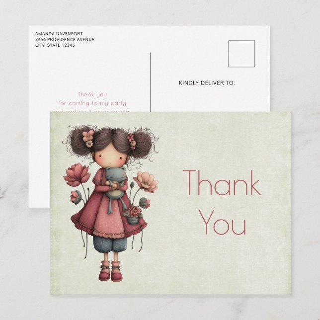 Girl with A Frog Doll Cute Whimsical Thank You Postcard (Front/Back)