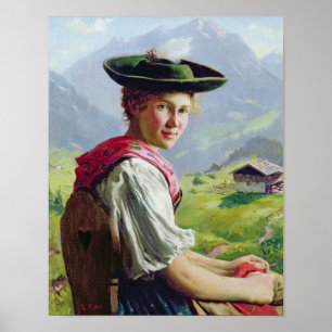 Girl with a Hat in Mountain Landscape Poster