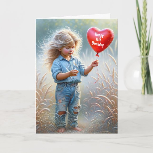 Girl With a Heart Balloon for 11th Birthday Card (Front)