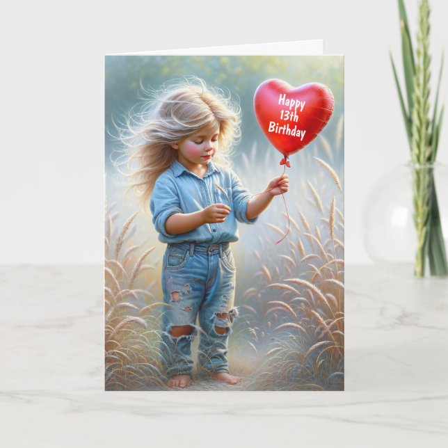 Girl With a Heart Balloon for 13th Birthday Card (Front)
