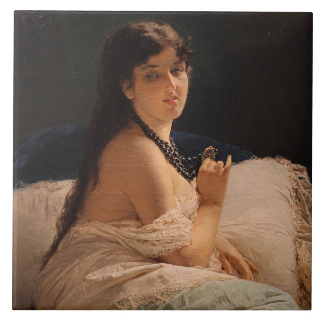 Girl with a Medallion (by Gerolamo Induno) Ceramic Tile (Front)