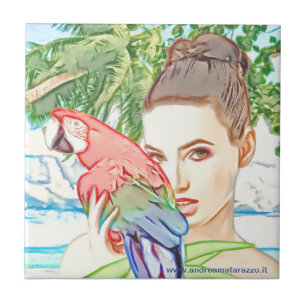 Girl with a parrot  ceramic tile