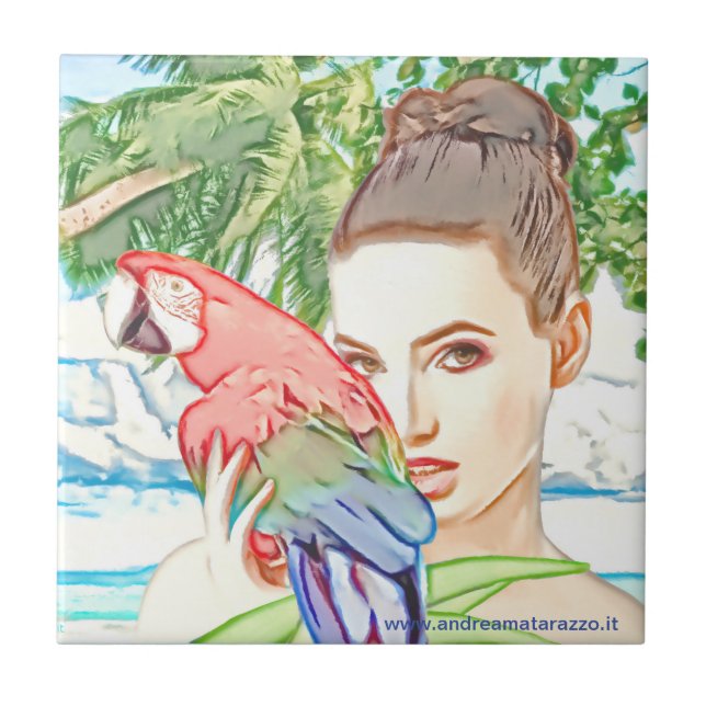Girl with a parrot  ceramic tile (Front)