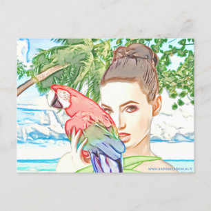 Girl with a parrot postcard