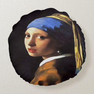 Girl with a Pearl Earring After Johannes Vermeer Round Cushion