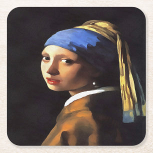 Girl with a Pearl Earring After Johannes Vermeer Square Paper Coaster