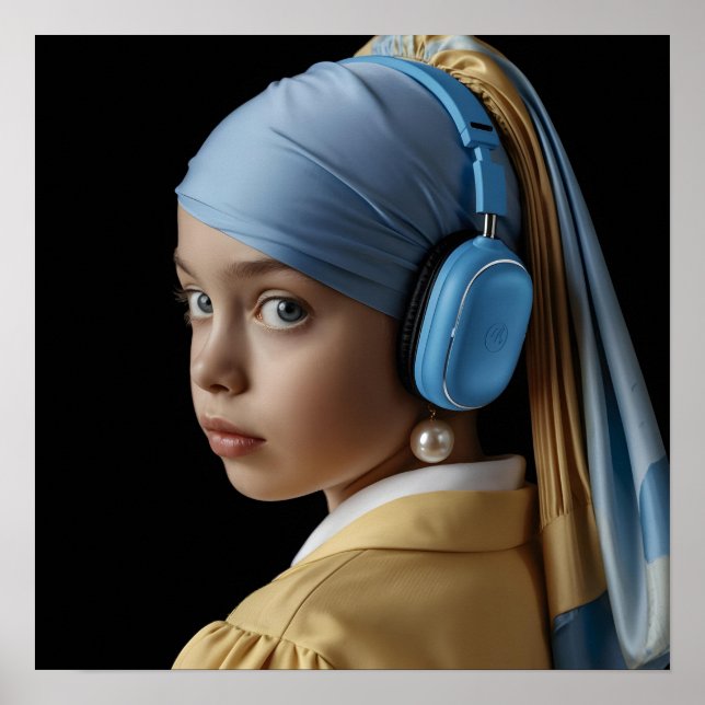 Girl with a Pearl Earring and Blue Headphones Auti Poster (Front)