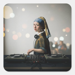 "Girl with a Pearl Earring" becomes a DJ Square Sticker