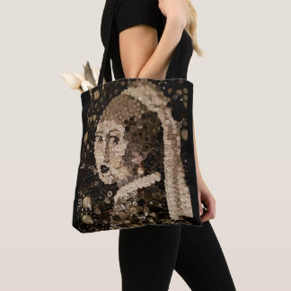 Girl with a pearl earring, button mosaic art. tote bag