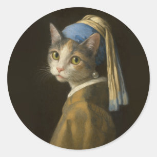 Girl with a Pearl Earring Cat Classic Round Sticker
