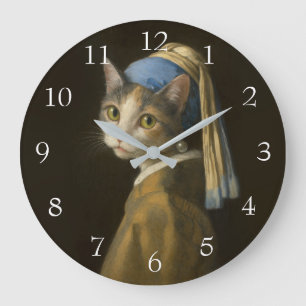 Girl with a Pearl Earring Cat Large Clock