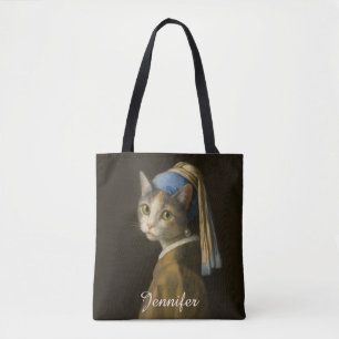 Girl with a Pearl Earring Cat Tote Bag