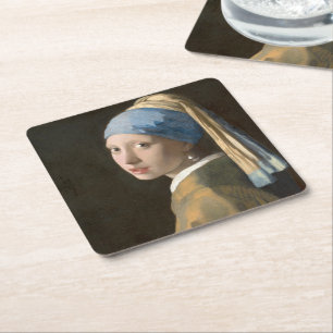 Girl with a pearl earring   square paper coaster