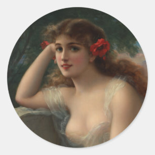 Girl with a Poppy Classic Round Sticker