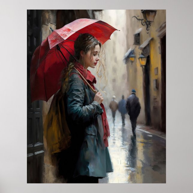 Girl with a Red Umbrella on the Streets of Paris Poster (Front)