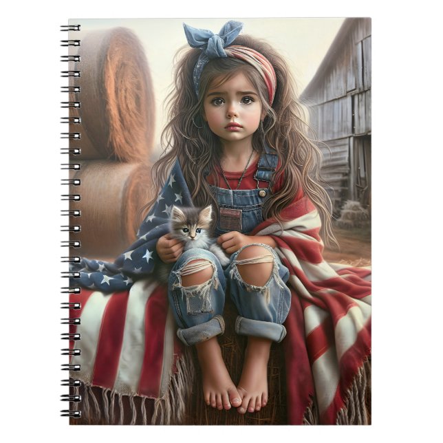 Girl With American Flag And Kitten Notebook (Front)