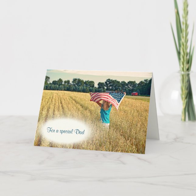 Girl With American Flag In a Farm Field Card (Front)