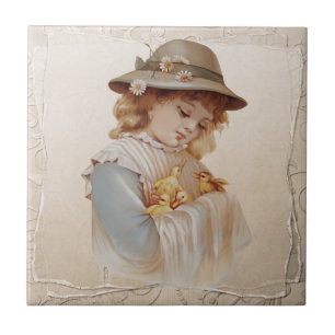 Girl with Baby Ducks Ceramic Tile