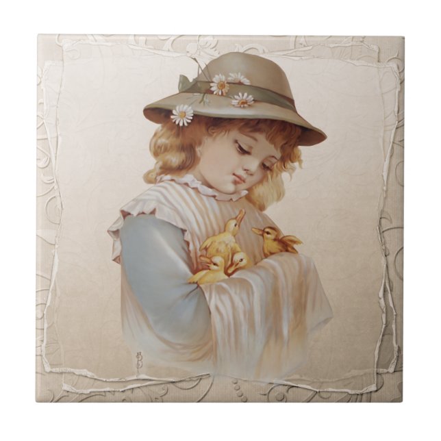 Girl with Baby Ducks Ceramic Tile (Front)