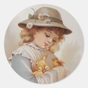 Girl with Baby Ducks Classic Round Sticker