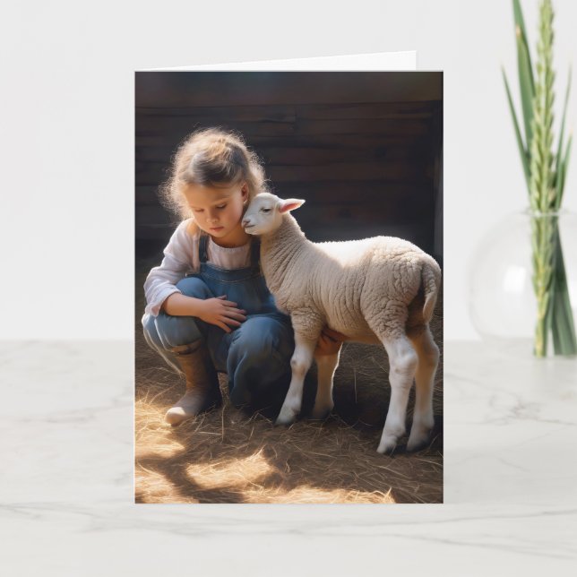 Girl With Baby Lamb For Birthday Card (Front)