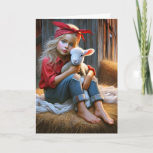Girl With Baby Lamb For Birthday Card