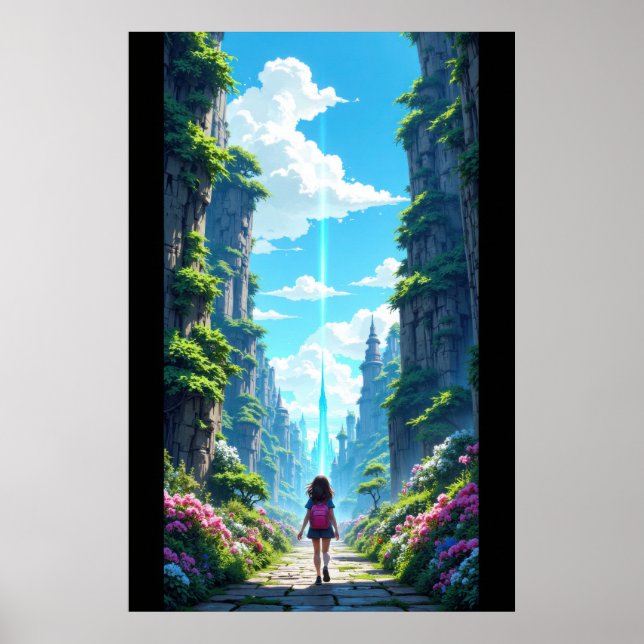 Girl with backpack walking towards fantasy crystal poster (Front)