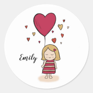 Girl with Balloon and Hearts - Red Colourful Art P Classic Round Sticker