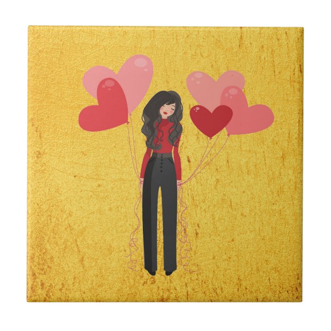 Girl with balloon whimsical ceramic tile (Front)