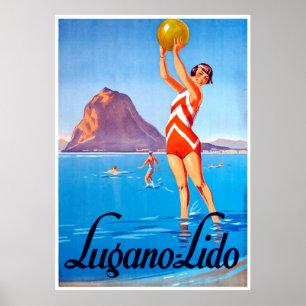 Girl with beach ball on Lugano lake, Switzerland Poster