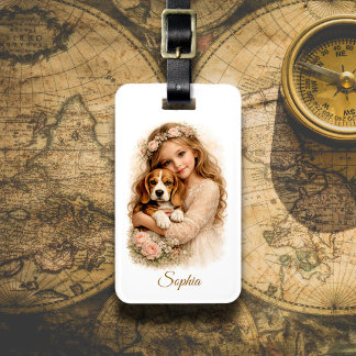 Girl with Beagle Puppy Luggage Tag