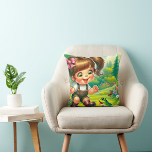 Girl With Big Eyes and Green Frog Cushion