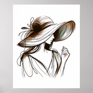Girl With Big Hat - Minimalist Line Art  Poster