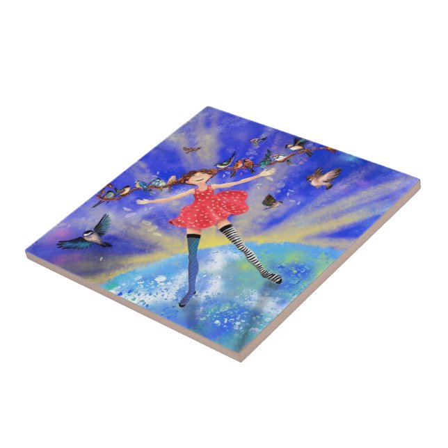 Girl with Birds Ceramic Tile Fantasy (Side)
