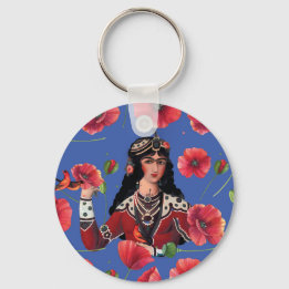 Girl with Birds & Red Flower Key Ring