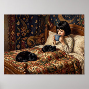 Girl with Black Cats in Bed Painting Poster