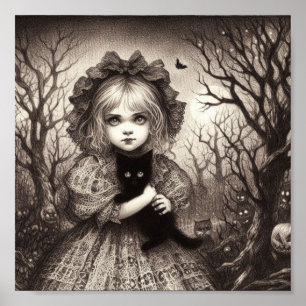Girl with Black Kitten Spooky Retro Halloween Poster