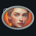 Girl with blue eyes belt buckle<br><div class="desc">A girl with blue eyes on an orange background,  dark black and crimson,  photorealistic fantasies,  personal iconography,  detailed character design,  shiny/glossy</div>