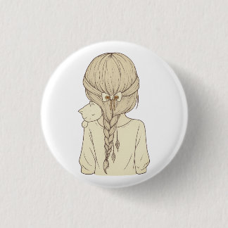 Girl with Braid and Cat Illustration – Soft Pastel 3 Cm Round Badge
