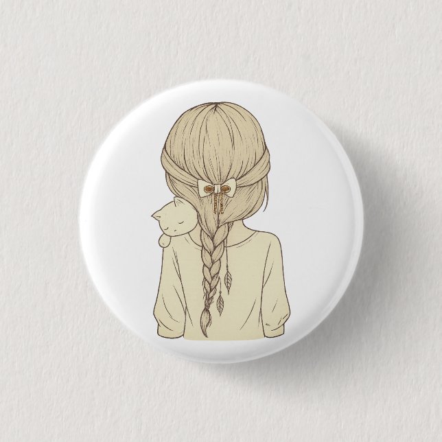 Girl with Braid and Cat Illustration – Soft Pastel 3 Cm Round Badge (Front)