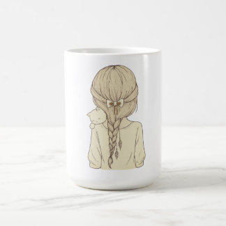 Girl with Braid and Cat Illustration – Soft Pastel Coffee Mug