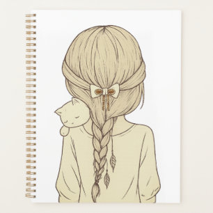 Girl with Braid and Cat Illustration – Soft Pastel Planner