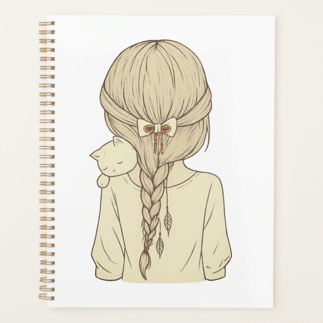 Girl with Braid and Cat Illustration – Soft Pastel Planner (Front)