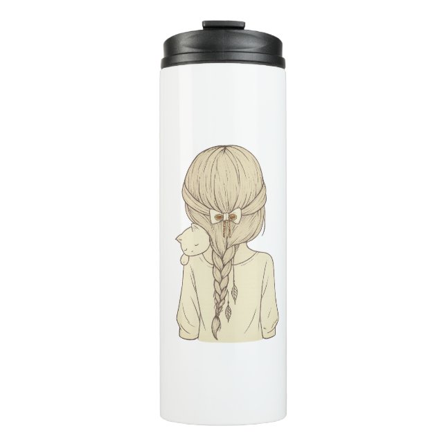 Girl with Braid and Cat Illustration – Soft Pastel Thermal Tumbler (Front)