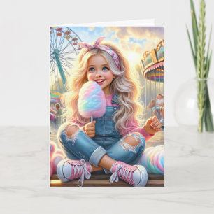 Girl With Carnival Cotton Candy Card
