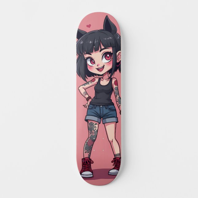 Girl with cartoon-style tattoos skateboard (Front)
