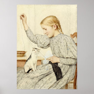 Girl with Cat, Albert Anker Poster