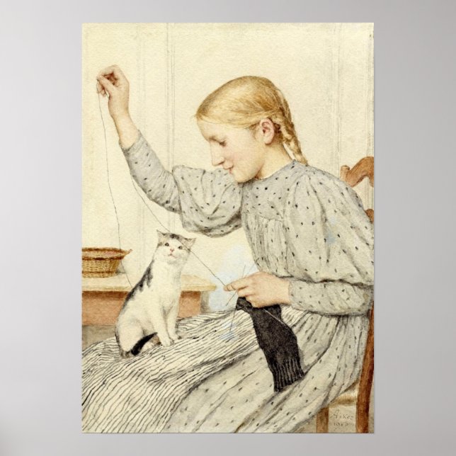 Girl with Cat, Albert Anker Poster (Front)