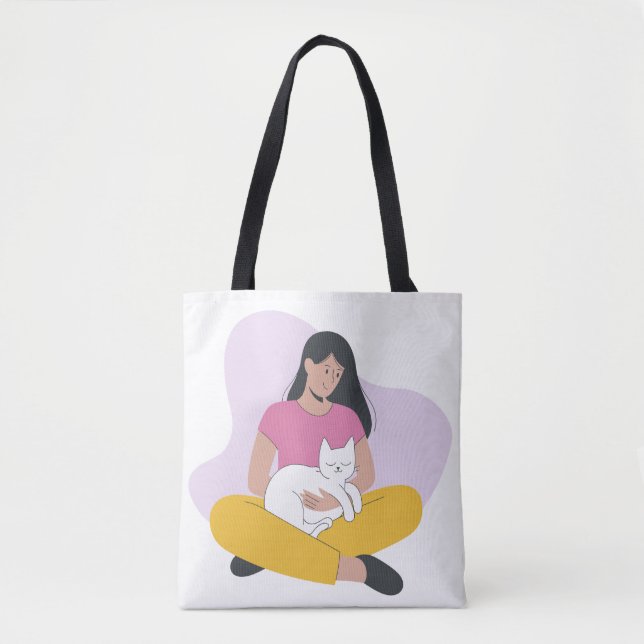 Girl with Cat – Cute Minimalist Cat Lover Tote Bag (Front)