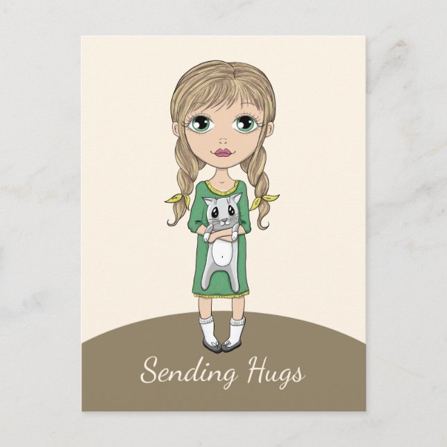 Girl with Cat Sending Hugs Postcard (Front)
